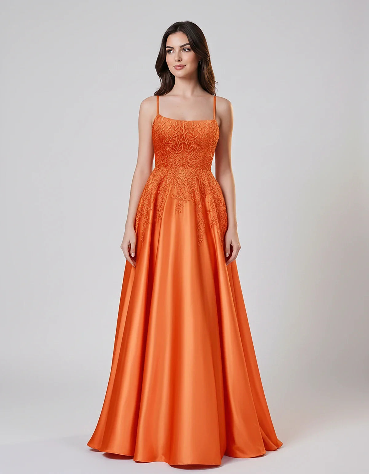 Satin Spaghetti Strap Square Neck Ball Gown Maxi Dress with Lace Appliques for Party, Cocktail, Evening, Wedding Guest & Summ | SKU: VMD-583920471628541-ORANGE-L,VMD-583920471628541-ORANGE-M,VMD-583920471628541-ORANGE-S,VMD-583920471628541-ORANGE-XL,VMD-583920471628541-ORANGE-XS