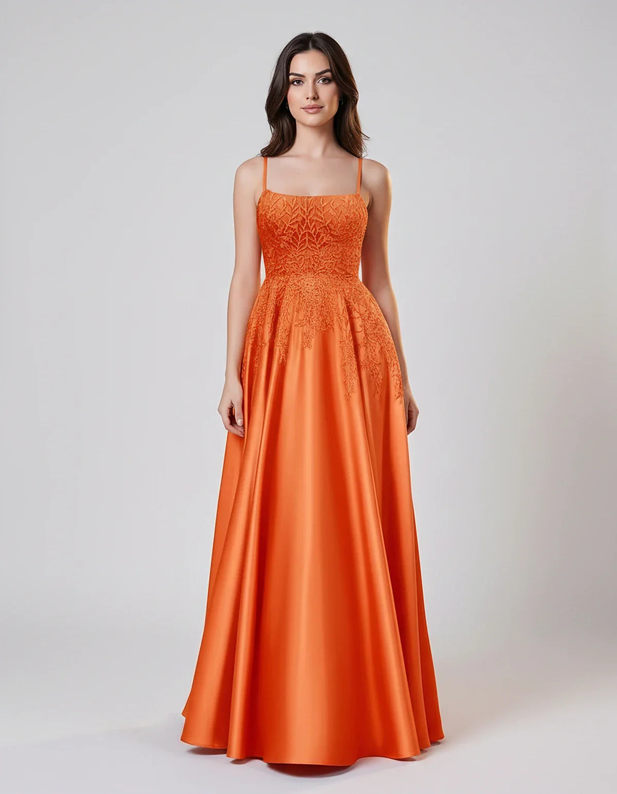Satin Spaghetti Strap Square Neck Ball Gown Maxi Dress with Lace Appliques for Party, Cocktail, Evening, Wedding Guest & Summ | SKU: VMD-583920471628541-ORANGE-L,VMD-583920471628541-ORANGE-M,VMD-583920471628541-ORANGE-S,VMD-583920471628541-ORANGE-XL,VMD-583920471628541-ORANGE-XS