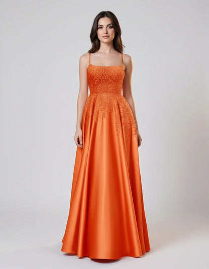 Satin Spaghetti Strap Square Neck Ball Gown Maxi Dress with Lace Appliques for Party, Cocktail, Evening, Wedding Guest & Summ | SKU: VMD-583920471628541-ORANGE-L,VMD-583920471628541-ORANGE-M,VMD-583920471628541-ORANGE-S,VMD-583920471628541-ORANGE-XL,VMD-583920471628541-ORANGE-XS
