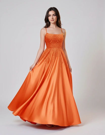 Satin Spaghetti Strap Square Neck Ball Gown Maxi Dress with Lace Appliques for Party, Cocktail, Evening, Wedding Guest & Summ | SKU: VMD-583920471628541-ORANGE-L,VMD-583920471628541-ORANGE-M,VMD-583920471628541-ORANGE-S,VMD-583920471628541-ORANGE-XL,VMD-583920471628541-ORANGE-XS