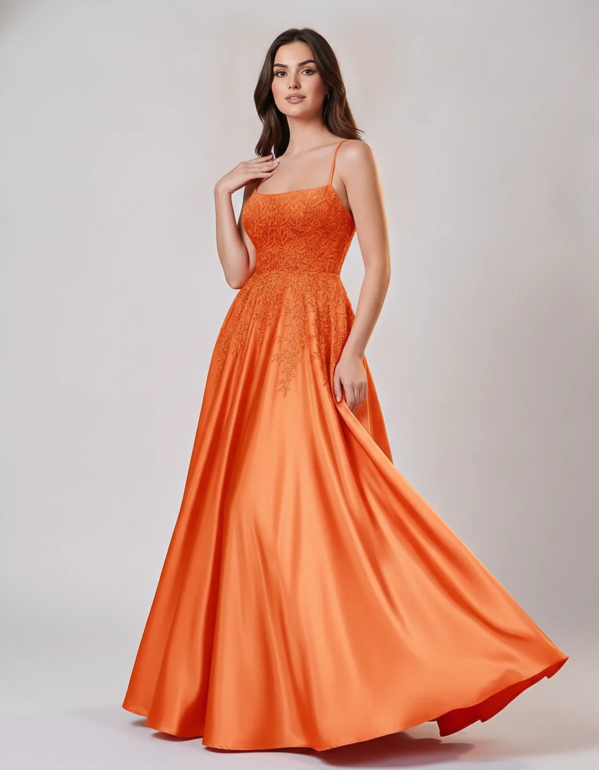 Satin Spaghetti Strap Square Neck Ball Gown Maxi Dress with Lace Appliques for Party, Cocktail, Evening, Wedding Guest & Summ | SKU: VMD-583920471628541-ORANGE-L,VMD-583920471628541-ORANGE-M,VMD-583920471628541-ORANGE-S,VMD-583920471628541-ORANGE-XL,VMD-583920471628541-ORANGE-XS