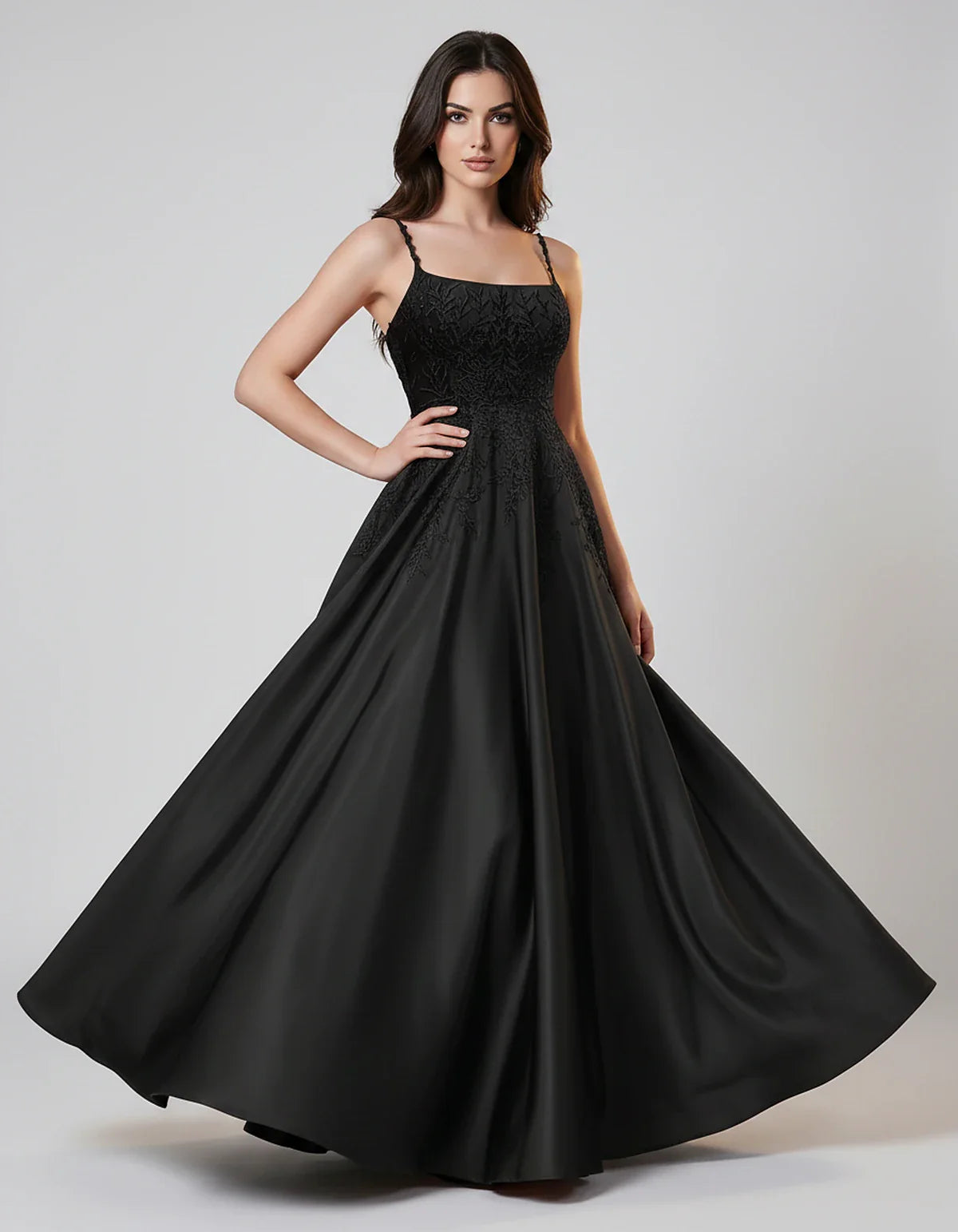 Satin Spaghetti Strap Square Neck Ball Gown Maxi Dress with Lace Appliques for Party, Cocktail, Evening, Wedding Guest & Summ | SKU: VMD-583920471628541-BLACK-L,VMD-583920471628541-BLACK-M,VMD-583920471628541-BLACK-S,VMD-583920471628541-BLACK-XL,VMD-583920471628541-BLACK-XS