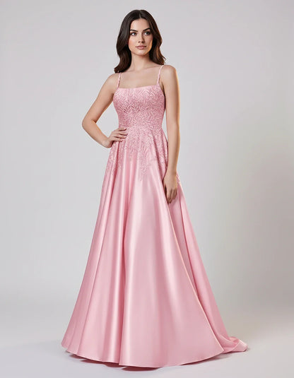 Satin Spaghetti Strap Square Neck Ball Gown Maxi Dress with Lace Appliques for Party, Cocktail, Evening, Wedding Guest & Summ | SKU: VMD-583920471628541-PINK-L,VMD-583920471628541-PINK-M,VMD-583920471628541-PINK-S,VMD-583920471628541-PINK-XL,VMD-583920471628541-PINK-XS