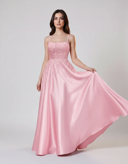 Satin Spaghetti Strap Square Neck Ball Gown Maxi Dress with Lace Appliques for Party, Cocktail, Evening, Wedding Guest & Summ | SKU: VMD-583920471628541-PINK-L,VMD-583920471628541-PINK-M,VMD-583920471628541-PINK-S,VMD-583920471628541-PINK-XL,VMD-583920471628541-PINK-XS