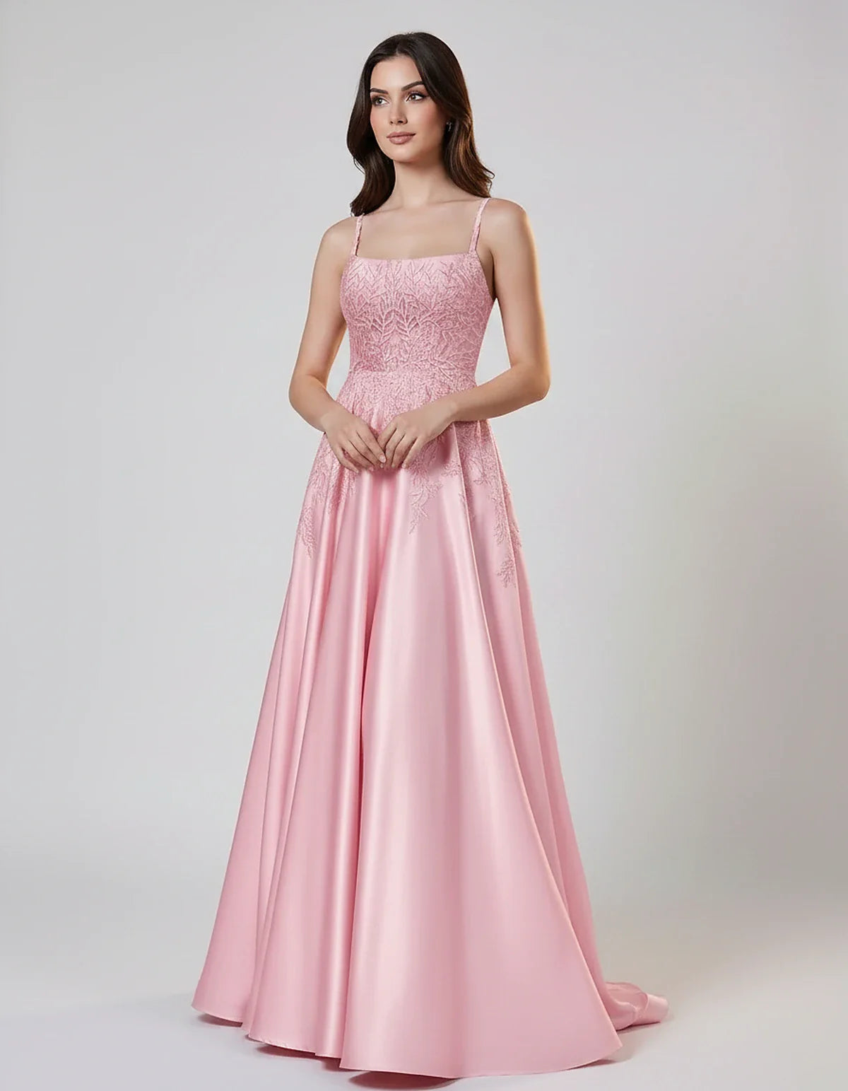 Satin Spaghetti Strap Square Neck Ball Gown Maxi Dress with Lace Appliques for Party, Cocktail, Evening, Wedding Guest & Summ | SKU: VMD-583920471628541-PINK-L,VMD-583920471628541-PINK-M,VMD-583920471628541-PINK-S,VMD-583920471628541-PINK-XL,VMD-583920471628541-PINK-XS