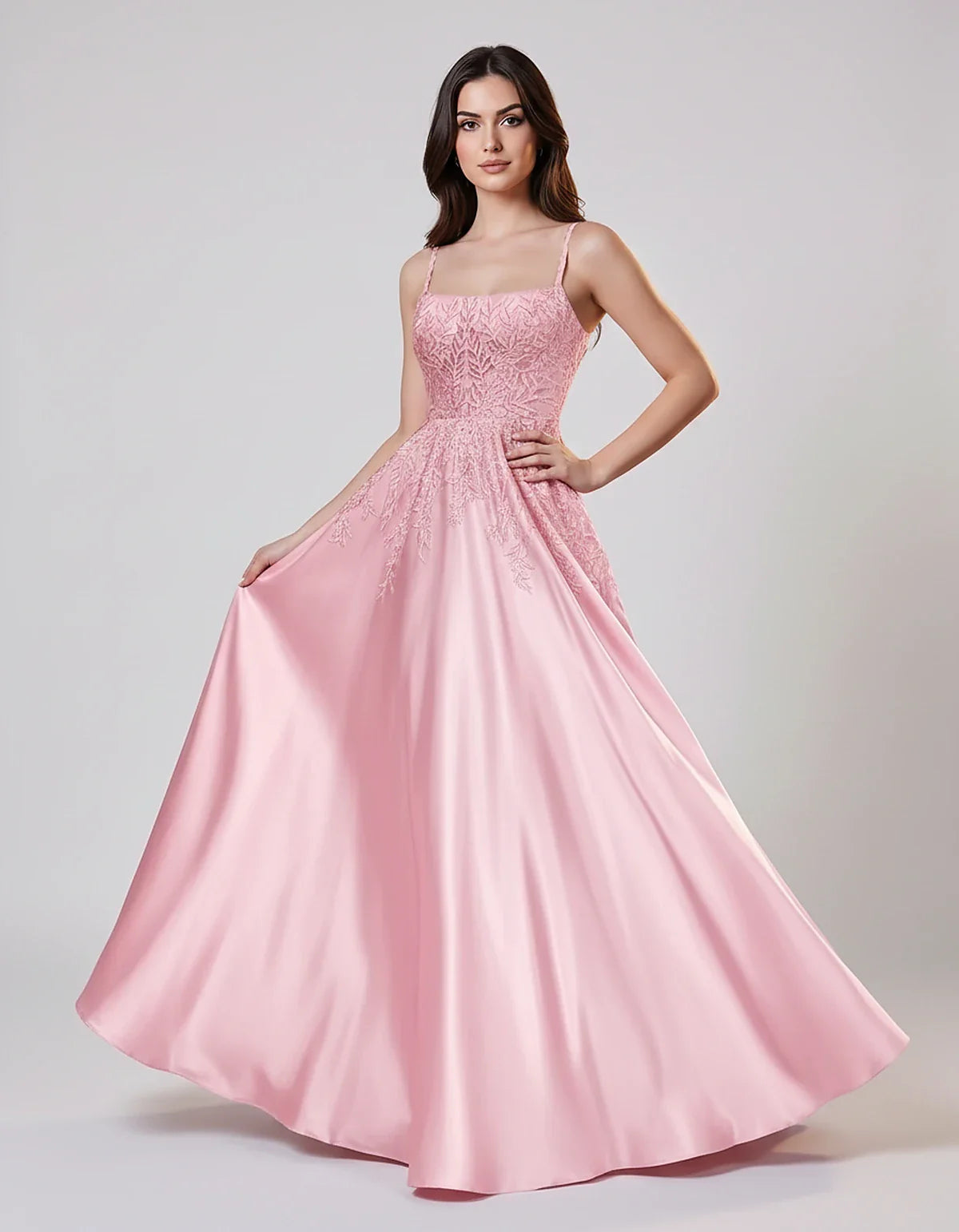 Satin Spaghetti Strap Square Neck Ball Gown Maxi Dress with Lace Appliques for Party, Cocktail, Evening, Wedding Guest & Summ | SKU: VMD-583920471628541-PINK-L,VMD-583920471628541-PINK-M,VMD-583920471628541-PINK-S,VMD-583920471628541-PINK-XL,VMD-583920471628541-PINK-XS