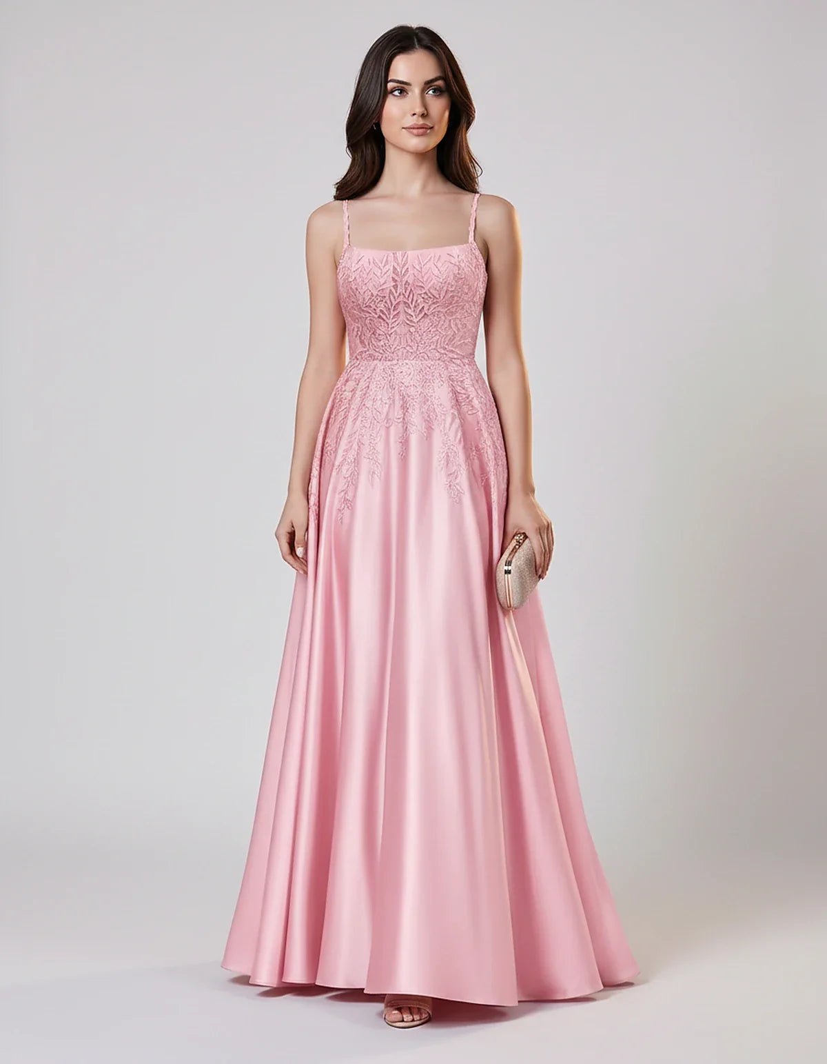 Satin Spaghetti Strap Square Neck Ball Gown Maxi Dress with Lace Appliques for Party, Cocktail, Evening, Wedding Guest & Summ | SKU: VMD-583920471628541-PINK-L,VMD-583920471628541-PINK-M,VMD-583920471628541-PINK-S,VMD-583920471628541-PINK-XL,VMD-583920471628541-PINK-XS