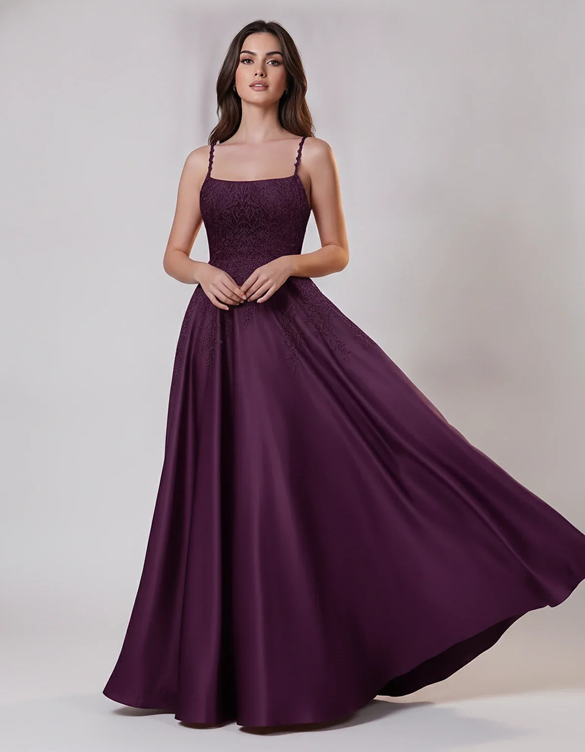 Satin Spaghetti Strap Square Neck Ball Gown Maxi Dress with Lace Appliques for Party, Cocktail, Evening, Wedding Guest & Summ | SKU: VMD-583920471628541-PURPLE-L,VMD-583920471628541-PURPLE-M,VMD-583920471628541-PURPLE-S,VMD-583920471628541-PURPLE-XL,VMD-583920471628541-PURPLE-XS