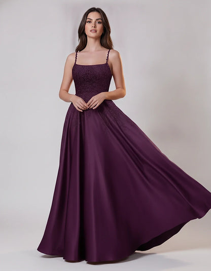 Satin Spaghetti Strap Square Neck Ball Gown Maxi Dress with Lace Appliques for Party, Cocktail, Evening, Wedding Guest & Summ | SKU: VMD-583920471628541-PURPLE-L,VMD-583920471628541-PURPLE-M,VMD-583920471628541-PURPLE-S,VMD-583920471628541-PURPLE-XL,VMD-583920471628541-PURPLE-XS