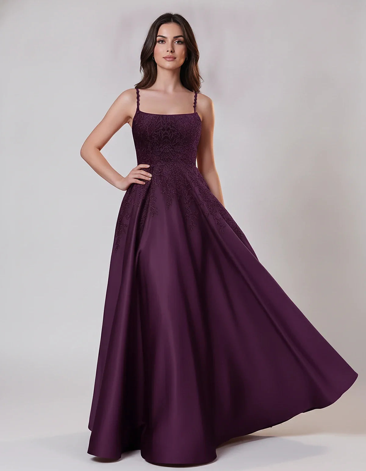 Satin Spaghetti Strap Square Neck Ball Gown Maxi Dress with Lace Appliques for Party, Cocktail, Evening, Wedding Guest & Summ | SKU: VMD-583920471628541-PURPLE-L,VMD-583920471628541-PURPLE-M,VMD-583920471628541-PURPLE-S,VMD-583920471628541-PURPLE-XL,VMD-583920471628541-PURPLE-XS