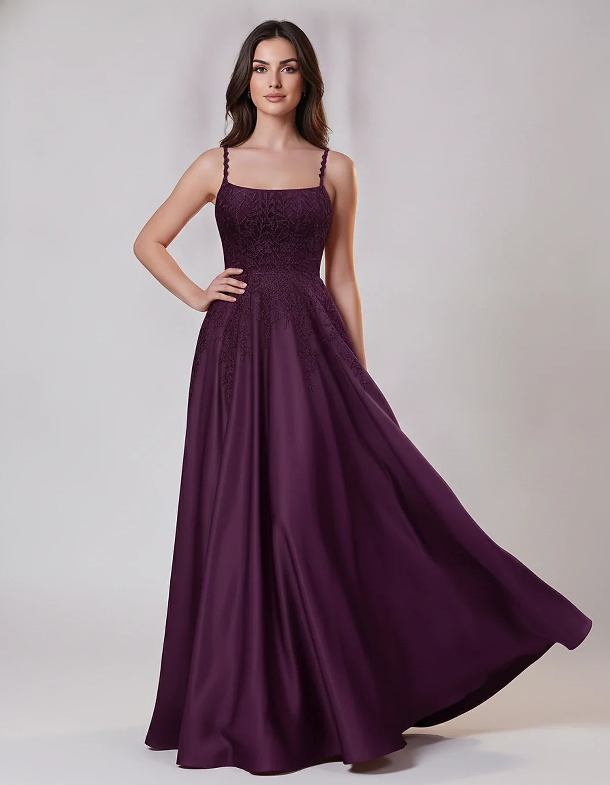 Satin Spaghetti Strap Square Neck Ball Gown Maxi Dress with Lace Appliques for Party, Cocktail, Evening, Wedding Guest & Summ | SKU: VMD-583920471628541-PURPLE-L,VMD-583920471628541-PURPLE-M,VMD-583920471628541-PURPLE-S,VMD-583920471628541-PURPLE-XL,VMD-583920471628541-PURPLE-XS