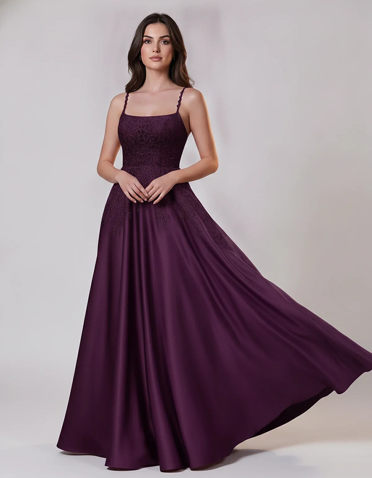 Satin Spaghetti Strap Square Neck Ball Gown Maxi Dress with Lace Appliques for Party, Cocktail, Evening, Wedding Guest & Summ | SKU: VMD-583920471628541-PURPLE-L,VMD-583920471628541-PURPLE-M,VMD-583920471628541-PURPLE-S,VMD-583920471628541-PURPLE-XL,VMD-583920471628541-PURPLE-XS