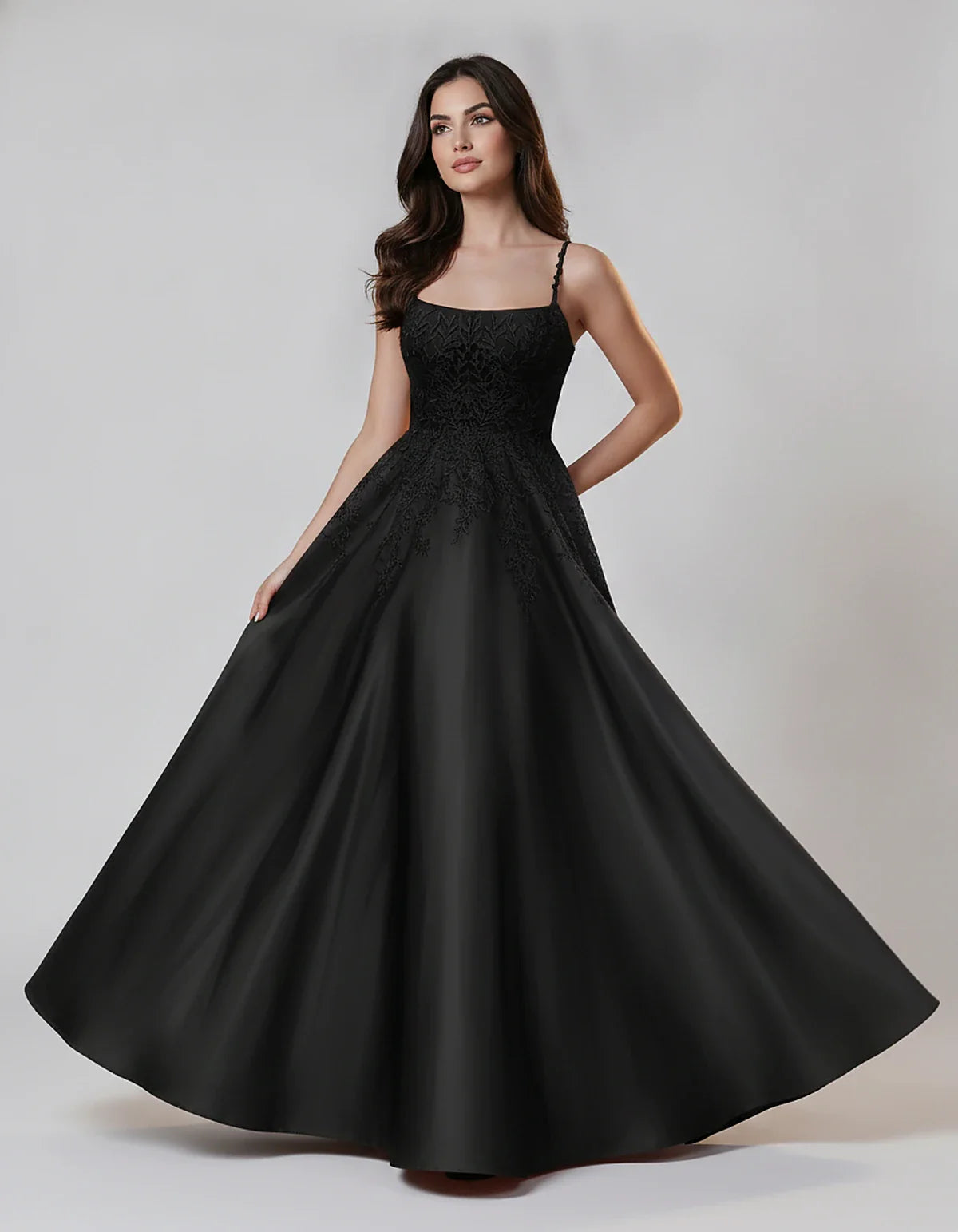 Satin Spaghetti Strap Square Neck Ball Gown Maxi Dress with Lace Appliques for Party, Cocktail, Evening, Wedding Guest & Summ | SKU: VMD-583920471628541-BLACK-L,VMD-583920471628541-BLACK-M,VMD-583920471628541-BLACK-S,VMD-583920471628541-BLACK-XL,VMD-583920471628541-BLACK-XS