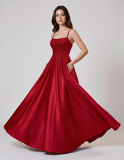Satin Spaghetti Strap Square Neck Ball Gown Maxi Dress with Lace Appliques for Party, Cocktail, Evening, Wedding Guest & Summ | SKU: VMD-583920471628541-RED-L,VMD-583920471628541-RED-M,VMD-583920471628541-RED-S,VMD-583920471628541-RED-XL,VMD-583920471628541-RED-XS