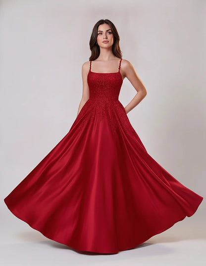 Satin Spaghetti Strap Square Neck Ball Gown Maxi Dress with Lace Appliques for Party, Cocktail, Evening, Wedding Guest & Summ | SKU: VMD-583920471628541-RED-L,VMD-583920471628541-RED-M,VMD-583920471628541-RED-S,VMD-583920471628541-RED-XL,VMD-583920471628541-RED-XS