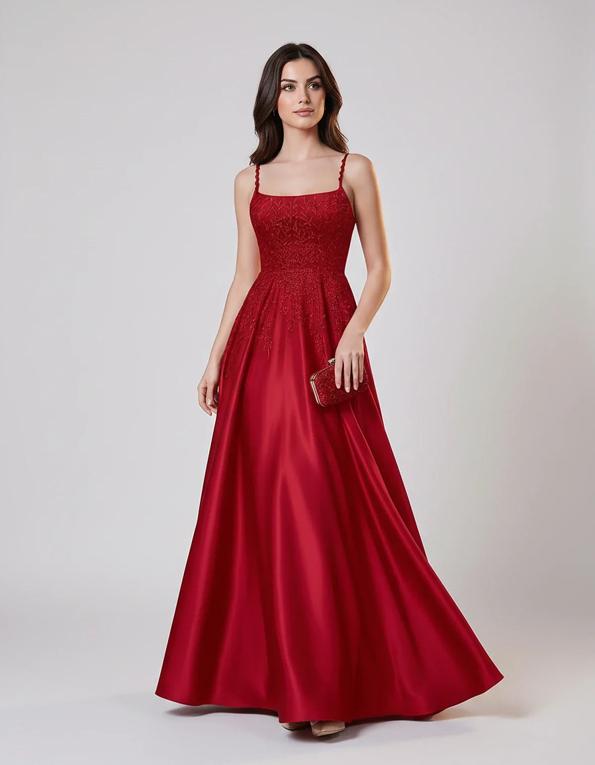 Satin Spaghetti Strap Square Neck Ball Gown Maxi Dress with Lace Appliques for Party, Cocktail, Evening, Wedding Guest & Summ | SKU: VMD-583920471628541-RED-L,VMD-583920471628541-RED-M,VMD-583920471628541-RED-S,VMD-583920471628541-RED-XL,VMD-583920471628541-RED-XS