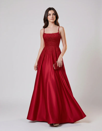 Satin Spaghetti Strap Square Neck Ball Gown Maxi Dress with Lace Appliques for Party, Cocktail, Evening, Wedding Guest & Summ | SKU: VMD-583920471628541-RED-L,VMD-583920471628541-RED-M,VMD-583920471628541-RED-S,VMD-583920471628541-RED-XL,VMD-583920471628541-RED-XS