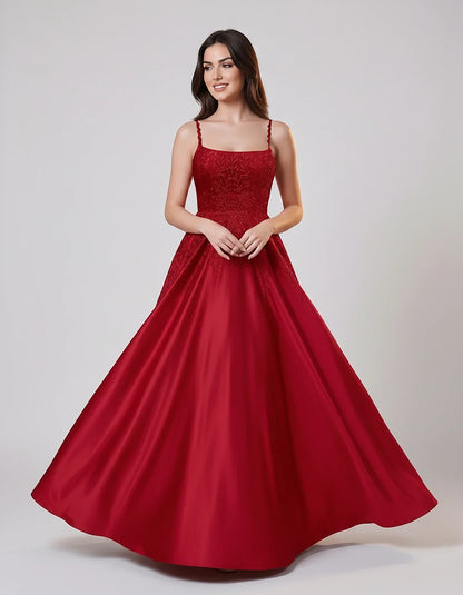 Satin Spaghetti Strap Square Neck Ball Gown Maxi Dress with Lace Appliques for Party, Cocktail, Evening, Wedding Guest & Summ | SKU: VMD-583920471628541-RED-L,VMD-583920471628541-RED-M,VMD-583920471628541-RED-S,VMD-583920471628541-RED-XL,VMD-583920471628541-RED-XS