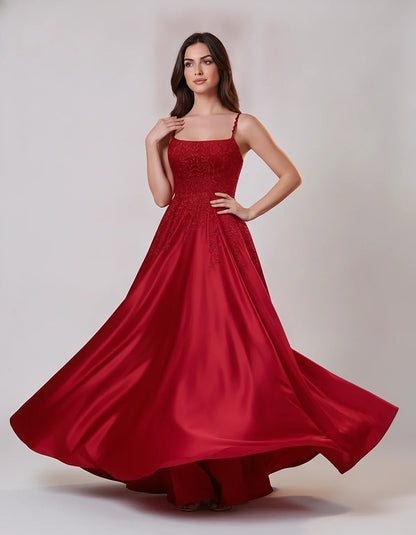 Satin Spaghetti Strap Square Neck Ball Gown Maxi Dress with Lace Appliques for Party, Cocktail, Evening, Wedding Guest & Summ | SKU: VMD-583920471628541-RED-L,VMD-583920471628541-RED-M,VMD-583920471628541-RED-S,VMD-583920471628541-RED-XL,VMD-583920471628541-RED-XS