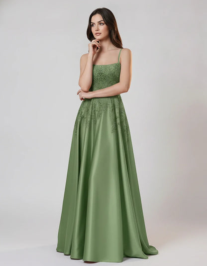 Satin Spaghetti Strap Square Neck Ball Gown Maxi Dress with Lace Appliques for Party, Cocktail, Evening, Wedding Guest & Summ | SKU: VMD-583920471628541-SAGE-L,VMD-583920471628541-SAGE-M,VMD-583920471628541-SAGE-S,VMD-583920471628541-SAGE-XL,VMD-583920471628541-SAGE-XS