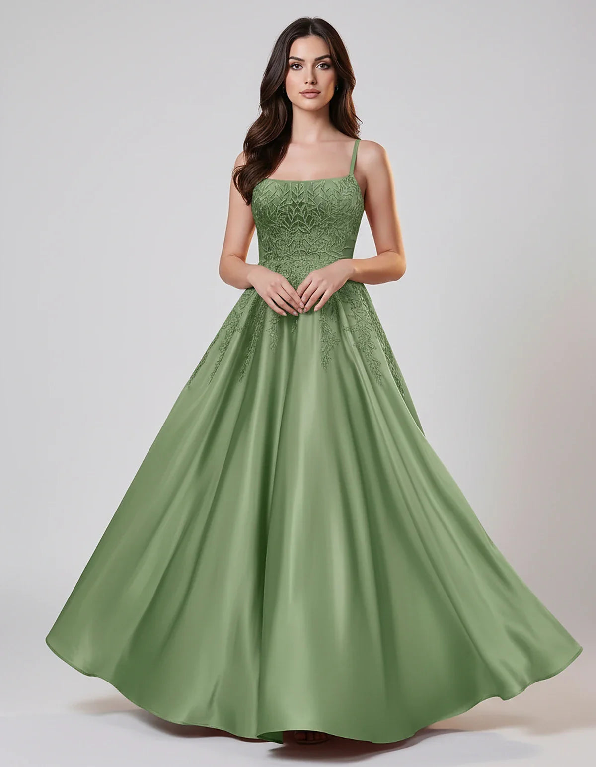 Satin Spaghetti Strap Square Neck Ball Gown Maxi Dress with Lace Appliques for Party, Cocktail, Evening, Wedding Guest & Summ | SKU: VMD-583920471628541-SAGE-L,VMD-583920471628541-SAGE-M,VMD-583920471628541-SAGE-S,VMD-583920471628541-SAGE-XL,VMD-583920471628541-SAGE-XS