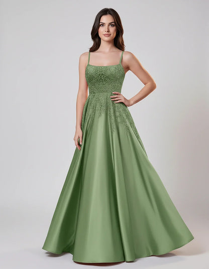 Satin Spaghetti Strap Square Neck Ball Gown Maxi Dress with Lace Appliques for Party, Cocktail, Evening, Wedding Guest & Summ | SKU: VMD-583920471628541-SAGE-L,VMD-583920471628541-SAGE-M,VMD-583920471628541-SAGE-S,VMD-583920471628541-SAGE-XL,VMD-583920471628541-SAGE-XS