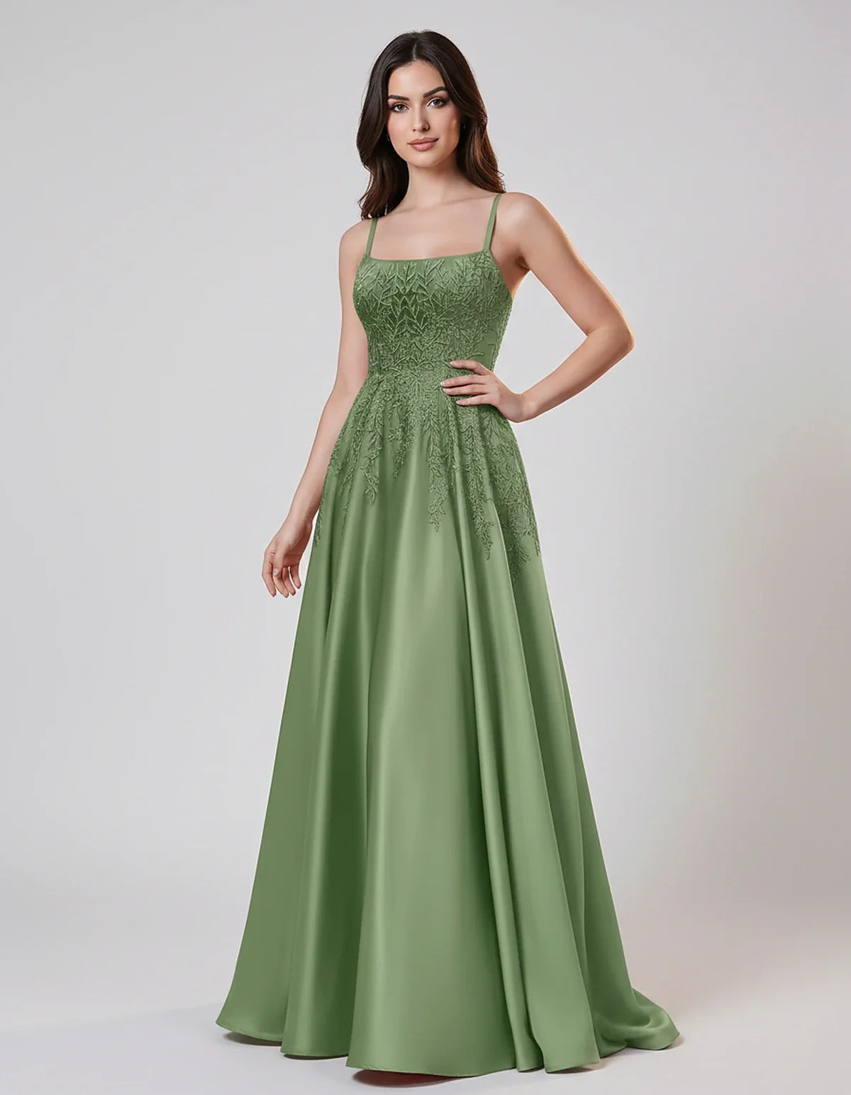 Satin Spaghetti Strap Square Neck Ball Gown Maxi Dress with Lace Appliques for Party, Cocktail, Evening, Wedding Guest & Summ | SKU: VMD-583920471628541-SAGE-L,VMD-583920471628541-SAGE-M,VMD-583920471628541-SAGE-S,VMD-583920471628541-SAGE-XL,VMD-583920471628541-SAGE-XS