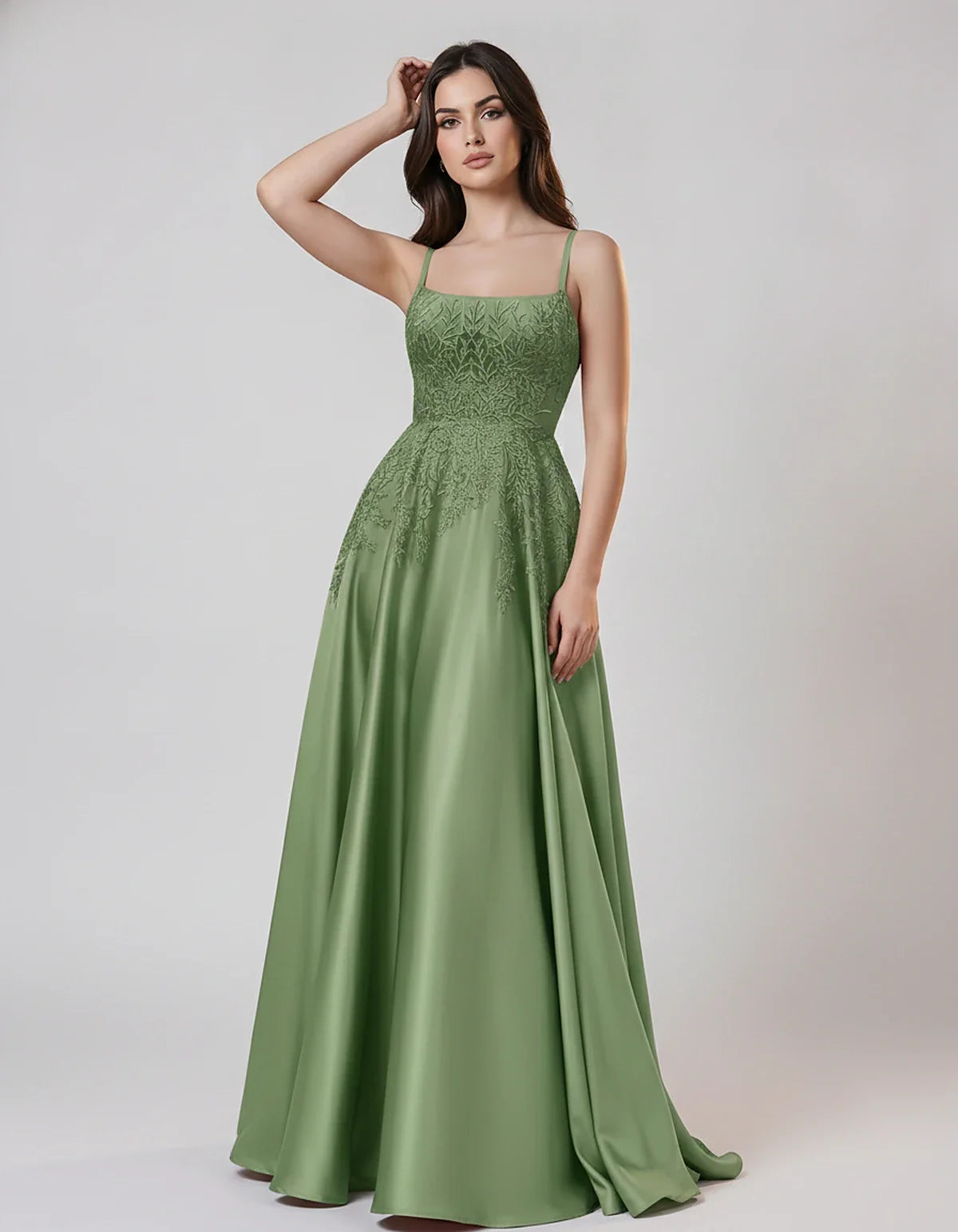 Satin Spaghetti Strap Square Neck Ball Gown Maxi Dress with Lace Appliques for Party, Cocktail, Evening, Wedding Guest & Summ | SKU: VMD-583920471628541-SAGE-L,VMD-583920471628541-SAGE-M,VMD-583920471628541-SAGE-S,VMD-583920471628541-SAGE-XL,VMD-583920471628541-SAGE-XS