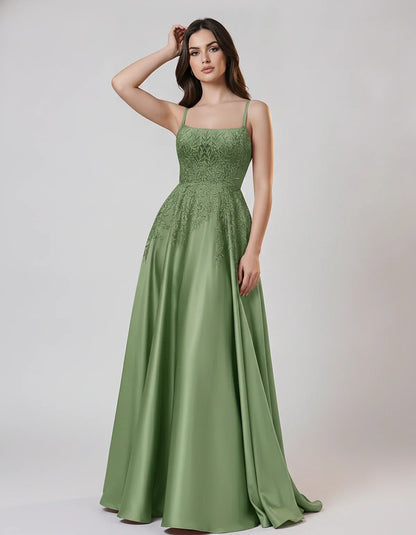 Satin Spaghetti Strap Square Neck Ball Gown Maxi Dress with Lace Appliques for Party, Cocktail, Evening, Wedding Guest & Summ | SKU: VMD-583920471628541-SAGE-L,VMD-583920471628541-SAGE-M,VMD-583920471628541-SAGE-S,VMD-583920471628541-SAGE-XL,VMD-583920471628541-SAGE-XS