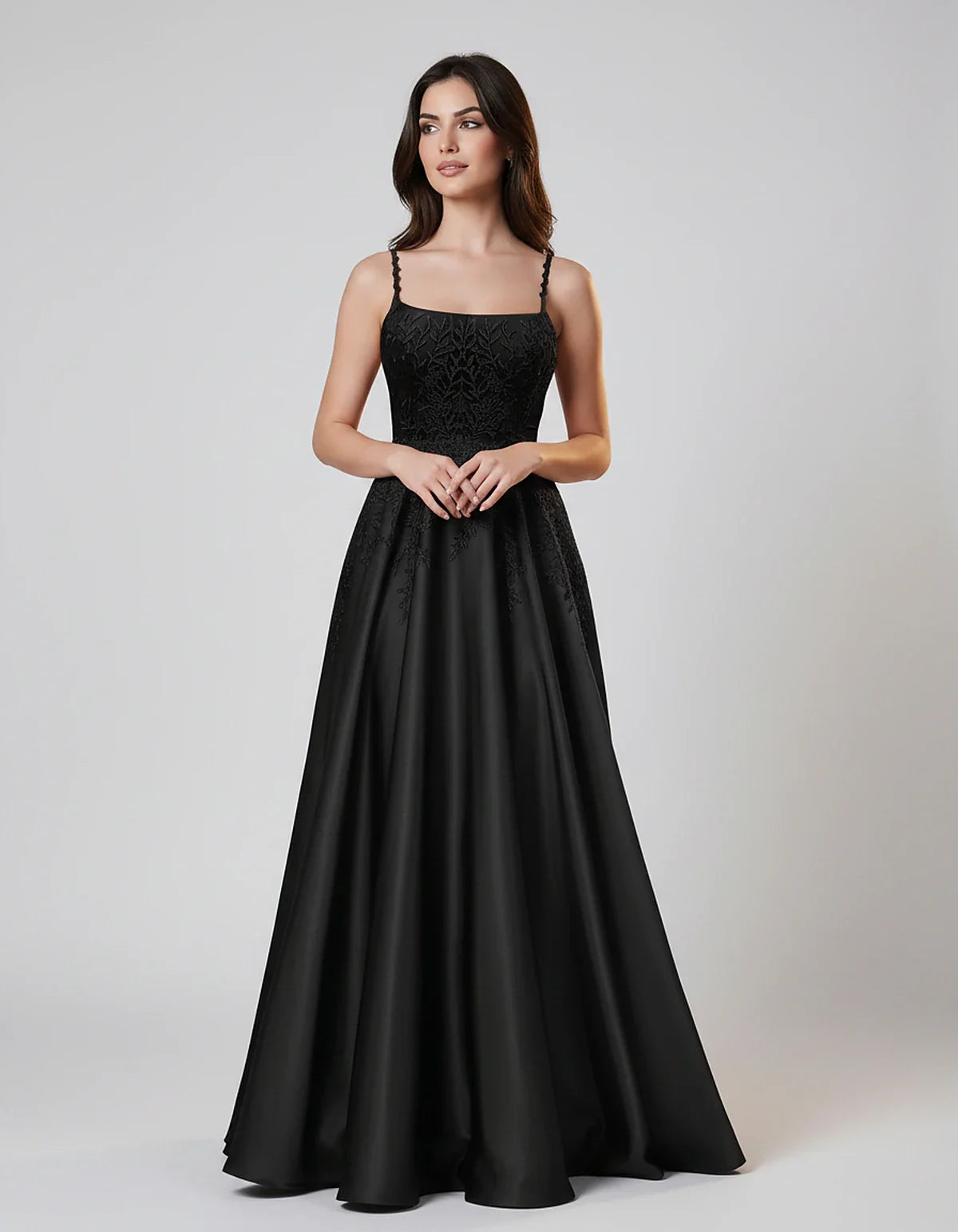 Satin Spaghetti Strap Square Neck Ball Gown Maxi Dress with Lace Appliques for Party, Cocktail, Evening, Wedding Guest & Summ | SKU: VMD-583920471628541-BLACK-L,VMD-583920471628541-BLACK-M,VMD-583920471628541-BLACK-S,VMD-583920471628541-BLACK-XL,VMD-583920471628541-BLACK-XS