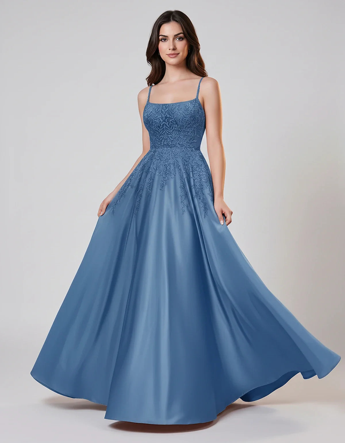 Satin Spaghetti Strap Square Neck Ball Gown Maxi Dress with Lace Appliques for Party, Cocktail, Evening, Wedding Guest & Summ | SKU: VMD-583920471628541-DUSTYBLUE-L,VMD-583920471628541-DUSTYBLUE-M,VMD-583920471628541-DUSTYBLUE-S,VMD-583920471628541-DUSTYBLUE-XL,VMD-583920471628541-DUSTYBLUE-XS