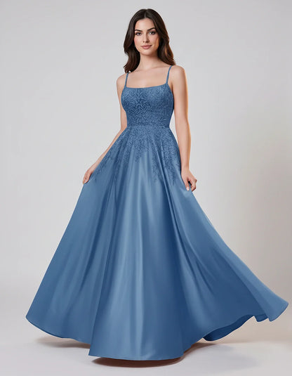 Satin Spaghetti Strap Square Neck Ball Gown Maxi Dress with Lace Appliques for Party, Cocktail, Evening, Wedding Guest & Summ | SKU: VMD-583920471628541-DUSTYBLUE-L,VMD-583920471628541-DUSTYBLUE-M,VMD-583920471628541-DUSTYBLUE-S,VMD-583920471628541-DUSTYBLUE-XL,VMD-583920471628541-DUSTYBLUE-XS