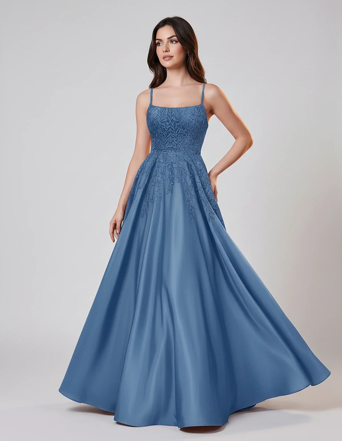 Satin Spaghetti Strap Square Neck Ball Gown Maxi Dress with Lace Appliques for Party, Cocktail, Evening, Wedding Guest & Summ | SKU: VMD-583920471628541-DUSTYBLUE-L,VMD-583920471628541-DUSTYBLUE-M,VMD-583920471628541-DUSTYBLUE-S,VMD-583920471628541-DUSTYBLUE-XL,VMD-583920471628541-DUSTYBLUE-XS