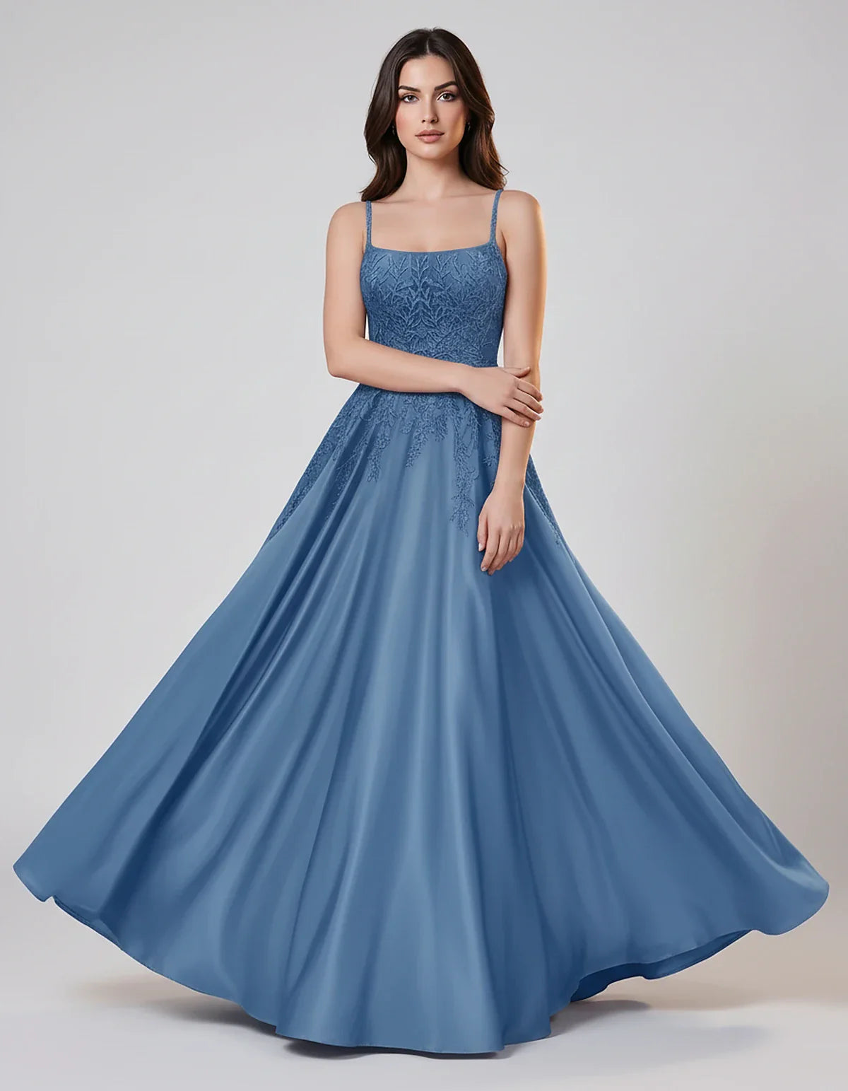 Satin Spaghetti Strap Square Neck Ball Gown Maxi Dress with Lace Appliques for Party, Cocktail, Evening, Wedding Guest & Summ | SKU: VMD-583920471628541-DUSTYBLUE-L,VMD-583920471628541-DUSTYBLUE-M,VMD-583920471628541-DUSTYBLUE-S,VMD-583920471628541-DUSTYBLUE-XL,VMD-583920471628541-DUSTYBLUE-XS