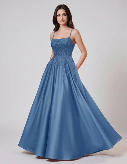 Satin Spaghetti Strap Square Neck Ball Gown Maxi Dress with Lace Appliques for Party, Cocktail, Evening, Wedding Guest & Summ | SKU: VMD-583920471628541-DUSTYBLUE-L,VMD-583920471628541-DUSTYBLUE-M,VMD-583920471628541-DUSTYBLUE-S,VMD-583920471628541-DUSTYBLUE-XL,VMD-583920471628541-DUSTYBLUE-XS