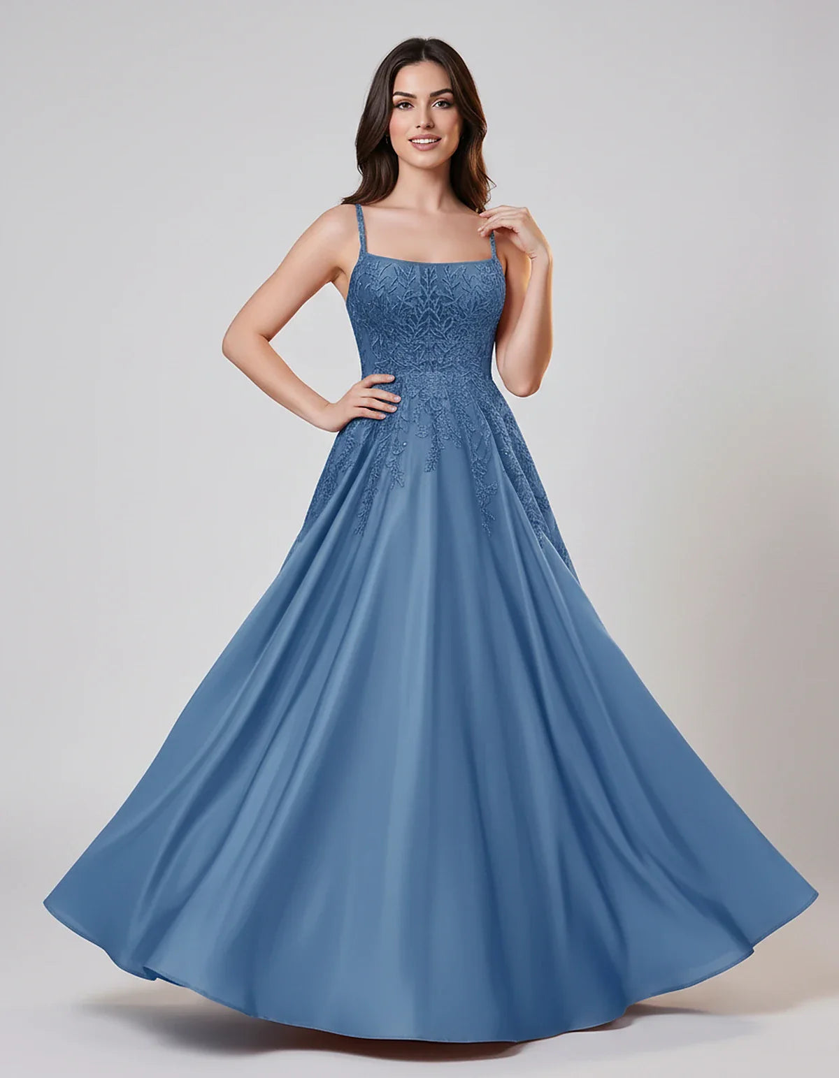 Satin Spaghetti Strap Square Neck Ball Gown Maxi Dress with Lace Appliques for Party, Cocktail, Evening, Wedding Guest & Summ | SKU: VMD-583920471628541-DUSTYBLUE-L,VMD-583920471628541-DUSTYBLUE-M,VMD-583920471628541-DUSTYBLUE-S,VMD-583920471628541-DUSTYBLUE-XL,VMD-583920471628541-DUSTYBLUE-XS