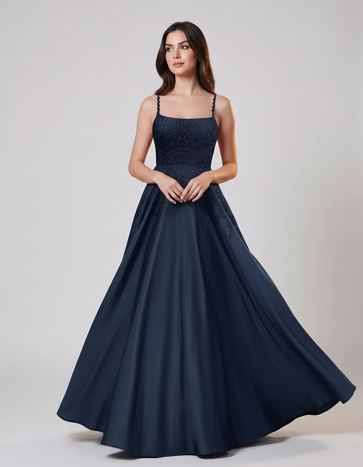 Satin Spaghetti Strap Square Neck Ball Gown Maxi Dress with Lace Appliques for Party, Cocktail, Evening, Wedding Guest & Summ | SKU: VMD-583920471628541-NAVY-L,VMD-583920471628541-NAVY-M,VMD-583920471628541-NAVY-S,VMD-583920471628541-NAVY-XL,VMD-583920471628541-NAVY-XS