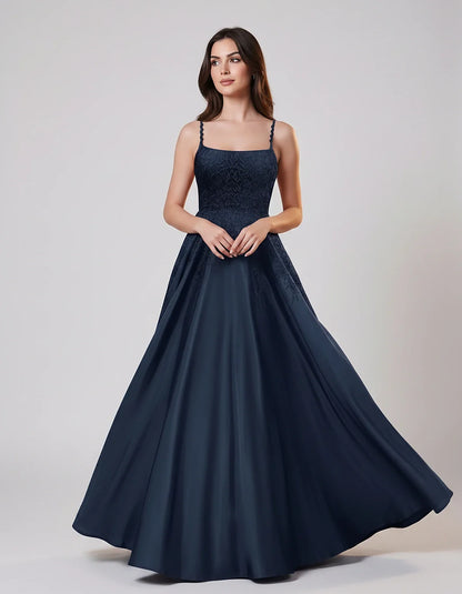 Satin Spaghetti Strap Square Neck Ball Gown Maxi Dress with Lace Appliques for Party, Cocktail, Evening, Wedding Guest & Summ | SKU: VMD-583920471628541-NAVY-L,VMD-583920471628541-NAVY-M,VMD-583920471628541-NAVY-S,VMD-583920471628541-NAVY-XL,VMD-583920471628541-NAVY-XS
