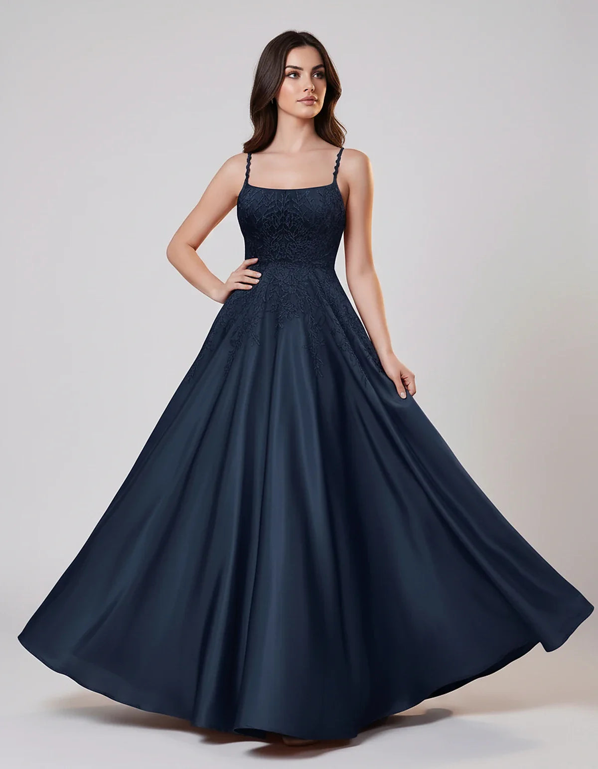 Satin Spaghetti Strap Square Neck Ball Gown Maxi Dress with Lace Appliques for Party, Cocktail, Evening, Wedding Guest & Summ | SKU: VMD-583920471628541-NAVY-L,VMD-583920471628541-NAVY-M,VMD-583920471628541-NAVY-S,VMD-583920471628541-NAVY-XL,VMD-583920471628541-NAVY-XS