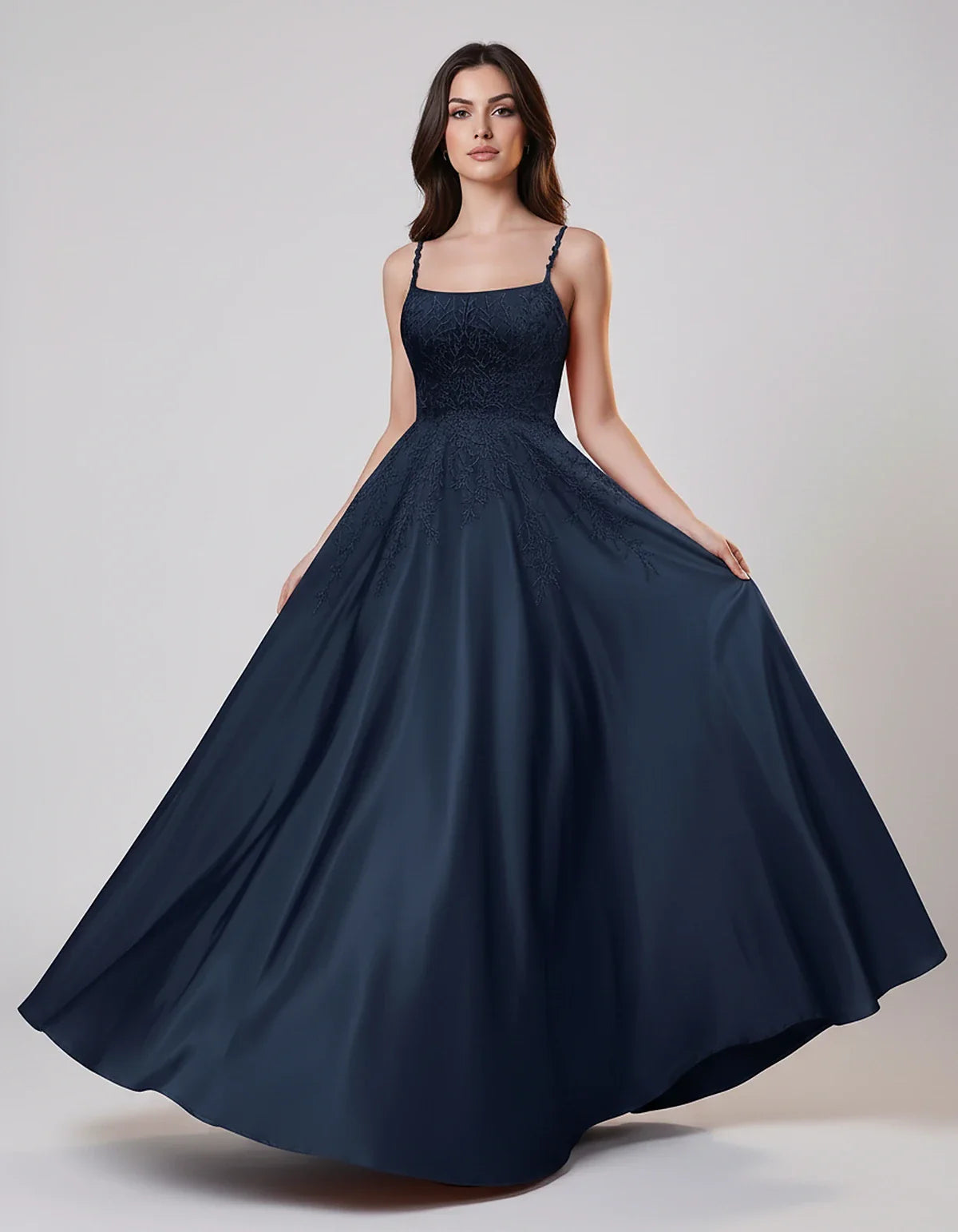 Satin Spaghetti Strap Square Neck Ball Gown Maxi Dress with Lace Appliques for Party, Cocktail, Evening, Wedding Guest & Summ | SKU: VMD-583920471628541-NAVY-L,VMD-583920471628541-NAVY-M,VMD-583920471628541-NAVY-S,VMD-583920471628541-NAVY-XL,VMD-583920471628541-NAVY-XS