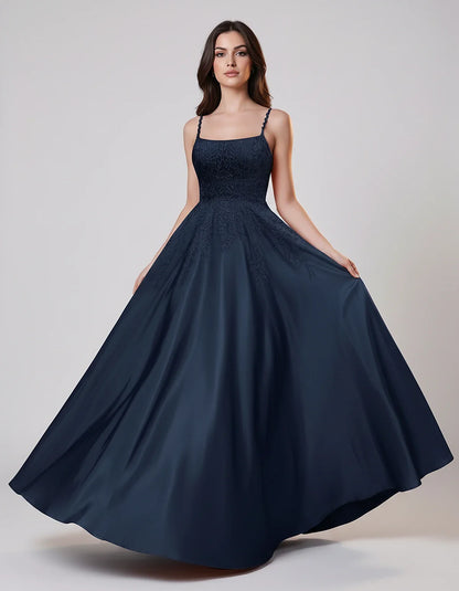 Satin Spaghetti Strap Square Neck Ball Gown Maxi Dress with Lace Appliques for Party, Cocktail, Evening, Wedding Guest & Summ | SKU: VMD-583920471628541-NAVY-L,VMD-583920471628541-NAVY-M,VMD-583920471628541-NAVY-S,VMD-583920471628541-NAVY-XL,VMD-583920471628541-NAVY-XS