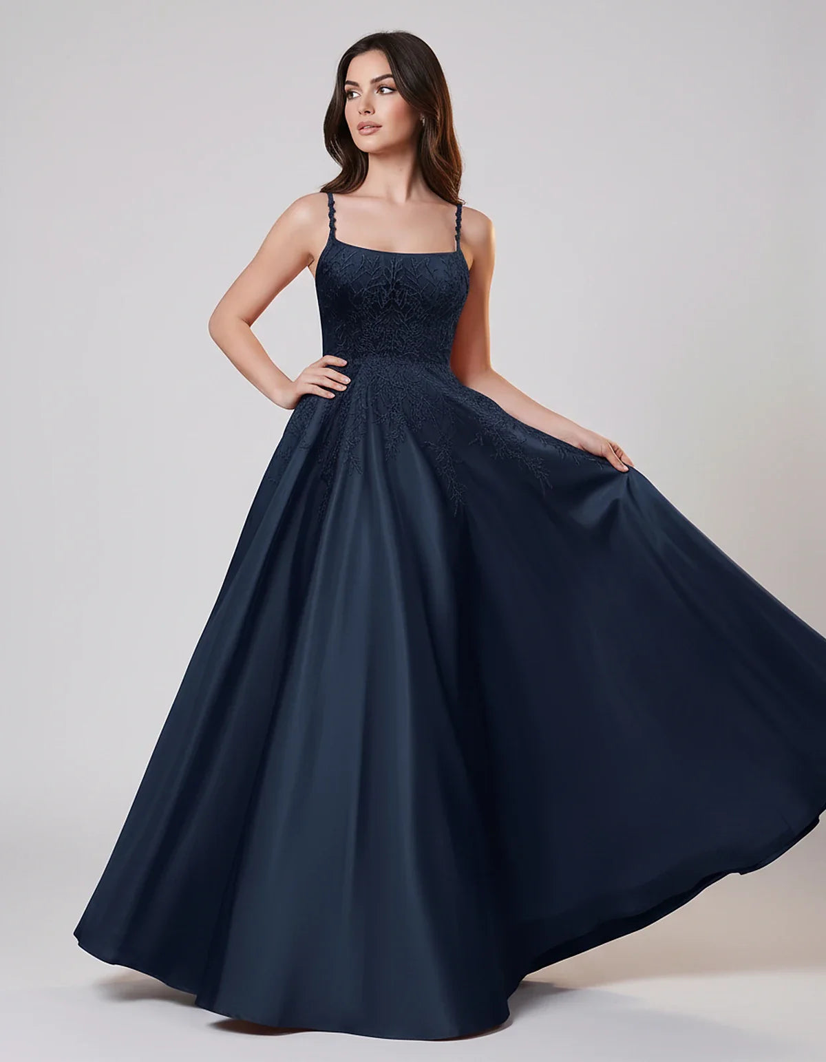 Satin Spaghetti Strap Square Neck Ball Gown Maxi Dress with Lace Appliques for Party, Cocktail, Evening, Wedding Guest & Summ | SKU: VMD-583920471628541-NAVY-L,VMD-583920471628541-NAVY-M,VMD-583920471628541-NAVY-S,VMD-583920471628541-NAVY-XL,VMD-583920471628541-NAVY-XS