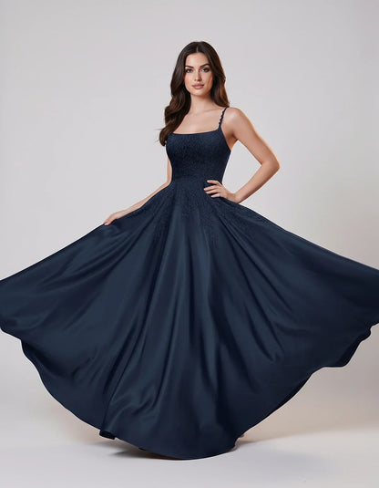 Satin Spaghetti Strap Square Neck Ball Gown Maxi Dress with Lace Appliques for Party, Cocktail, Evening, Wedding Guest & Summ | SKU: VMD-583920471628541-NAVY-L,VMD-583920471628541-NAVY-M,VMD-583920471628541-NAVY-S,VMD-583920471628541-NAVY-XL,VMD-583920471628541-NAVY-XS