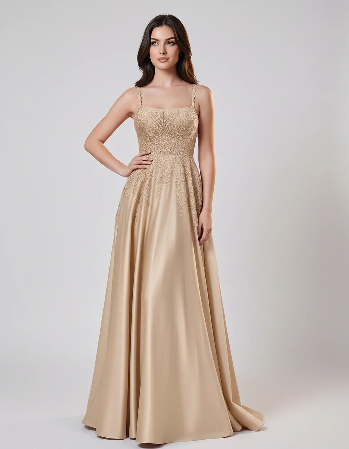 Satin Spaghetti Strap Square Neck Ball Gown Maxi Dress with Lace Appliques for Party, Cocktail, Evening, Wedding Guest & Summ | SKU: VMD-583920471628541-CHAMPAGNE-L,VMD-583920471628541-CHAMPAGNE-M,VMD-583920471628541-CHAMPAGNE-S,VMD-583920471628541-CHAMPAGNE-XL,VMD-583920471628541-CHAMPAGNE-XS