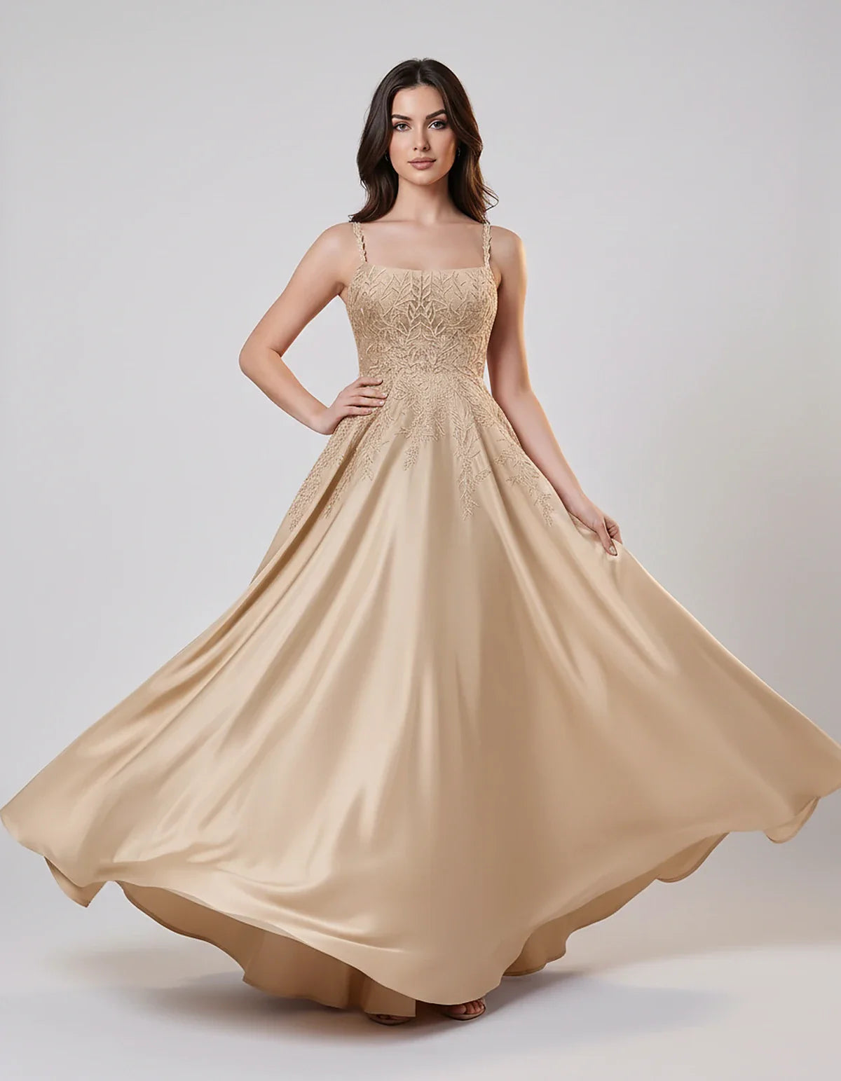 Satin Spaghetti Strap Square Neck Ball Gown Maxi Dress with Lace Appliques for Party, Cocktail, Evening, Wedding Guest & Summ | SKU: VMD-583920471628541-CHAMPAGNE-L,VMD-583920471628541-CHAMPAGNE-M,VMD-583920471628541-CHAMPAGNE-S,VMD-583920471628541-CHAMPAGNE-XL,VMD-583920471628541-CHAMPAGNE-XS