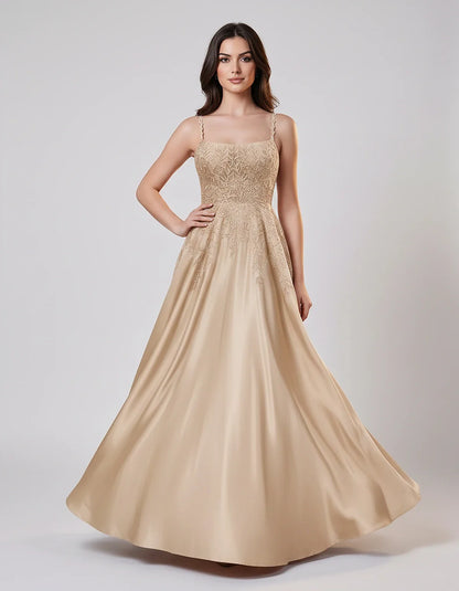 Satin Spaghetti Strap Square Neck Ball Gown Maxi Dress with Lace Appliques for Party, Cocktail, Evening, Wedding Guest & Summ | SKU: VMD-583920471628541-CHAMPAGNE-L,VMD-583920471628541-CHAMPAGNE-M,VMD-583920471628541-CHAMPAGNE-S,VMD-583920471628541-CHAMPAGNE-XL,VMD-583920471628541-CHAMPAGNE-XS