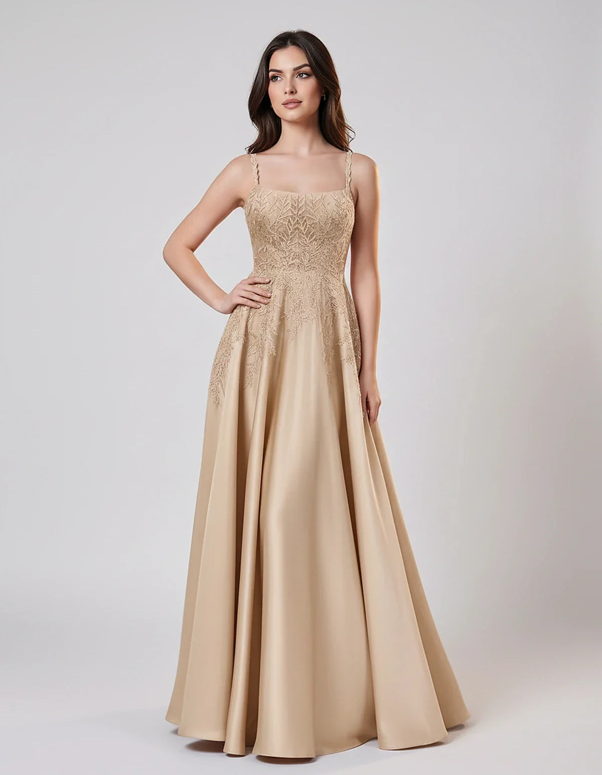 Satin Spaghetti Strap Square Neck Ball Gown Maxi Dress with Lace Appliques for Party, Cocktail, Evening, Wedding Guest & Summ | SKU: VMD-583920471628541-CHAMPAGNE-L,VMD-583920471628541-CHAMPAGNE-M,VMD-583920471628541-CHAMPAGNE-S,VMD-583920471628541-CHAMPAGNE-XL,VMD-583920471628541-CHAMPAGNE-XS