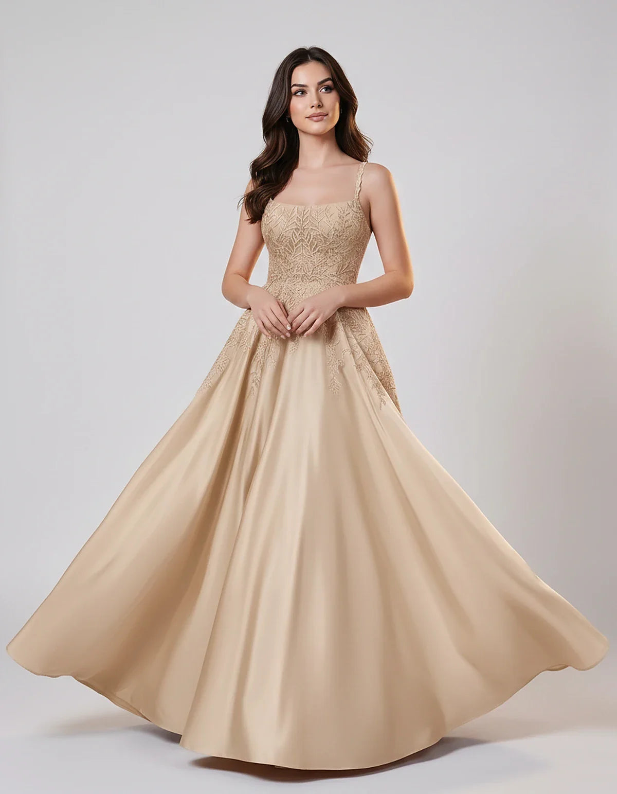 Satin Spaghetti Strap Square Neck Ball Gown Maxi Dress with Lace Appliques for Party, Cocktail, Evening, Wedding Guest & Summ | SKU: VMD-583920471628541-CHAMPAGNE-L,VMD-583920471628541-CHAMPAGNE-M,VMD-583920471628541-CHAMPAGNE-S,VMD-583920471628541-CHAMPAGNE-XL,VMD-583920471628541-CHAMPAGNE-XS