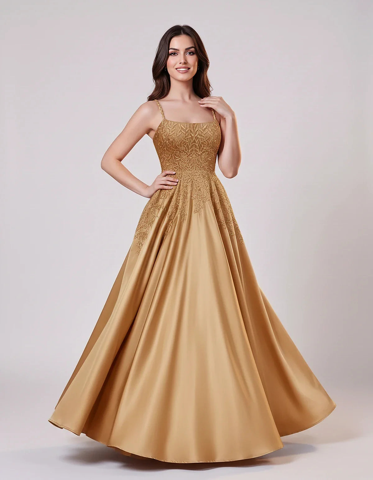 Satin Spaghetti Strap Square Neck Ball Gown Maxi Dress with Lace Appliques for Party, Cocktail, Evening, Wedding Guest & Summ | SKU: VMD-583920471628541-GOLD-L,VMD-583920471628541-GOLD-M,VMD-583920471628541-GOLD-S,VMD-583920471628541-GOLD-XL,VMD-583920471628541-GOLD-XS