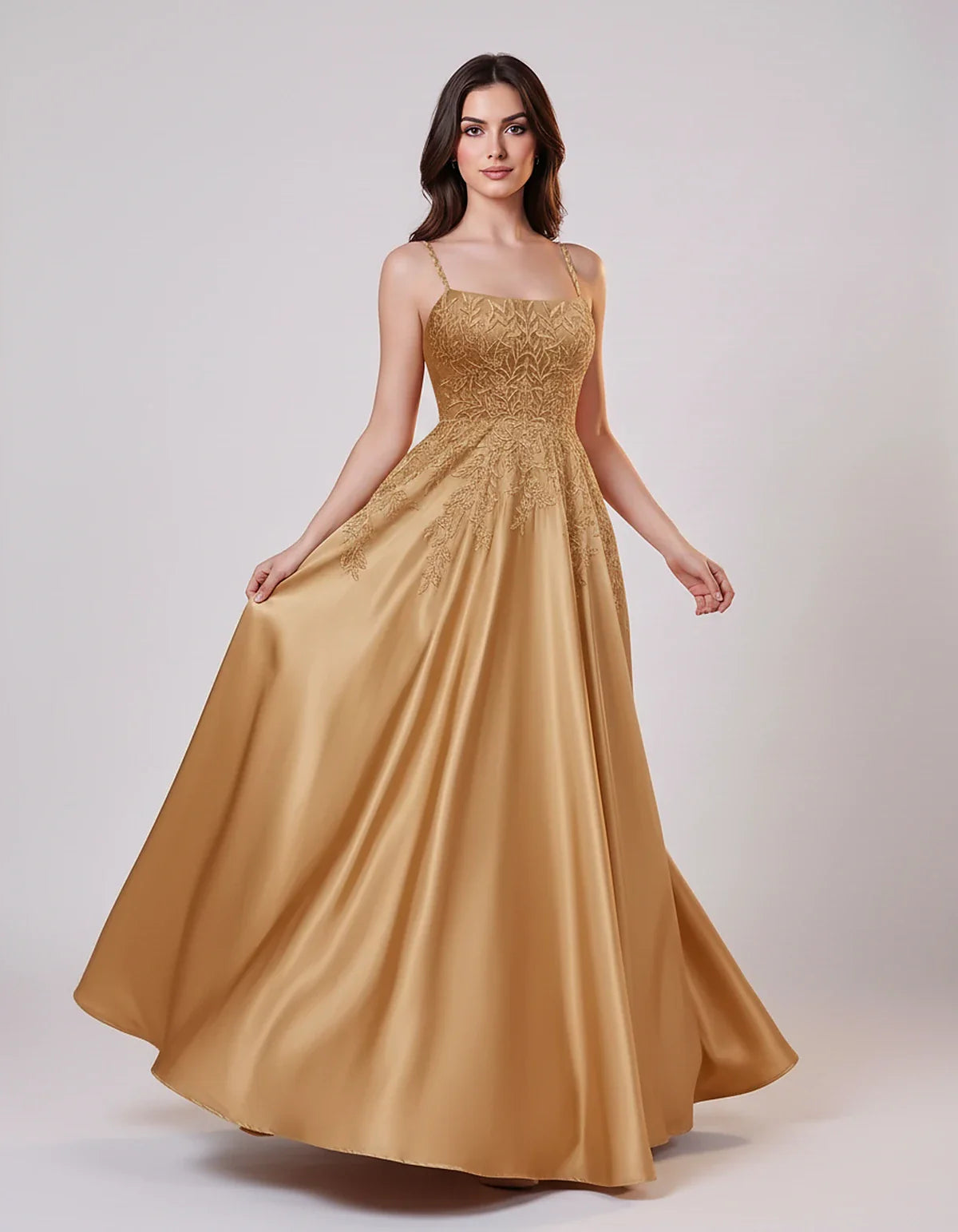 Satin Spaghetti Strap Square Neck Ball Gown Maxi Dress with Lace Appliques for Party, Cocktail, Evening, Wedding Guest & Summ | SKU: VMD-583920471628541-GOLD-L,VMD-583920471628541-GOLD-M,VMD-583920471628541-GOLD-S,VMD-583920471628541-GOLD-XL,VMD-583920471628541-GOLD-XS